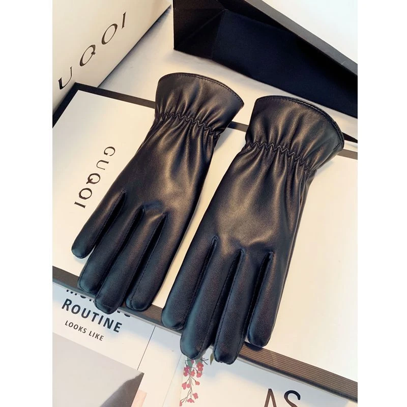 皮手套女款软皮手套薄款冬天加厚时尚防风防水电动车骑行手套