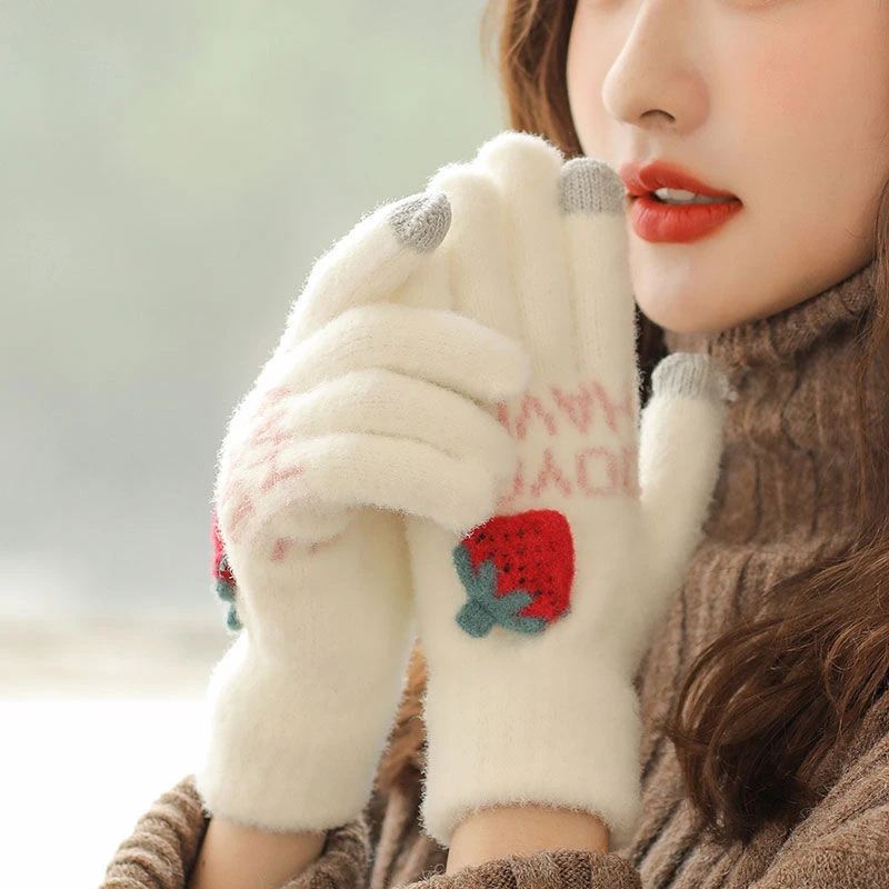 手套女冬天保暖防寒秋冬学生触屏女士可爱加绒毛线棉冬季骑行五指