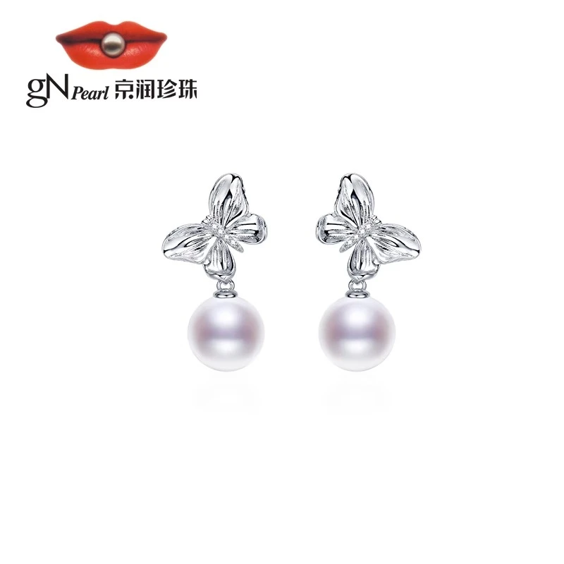 【优选】京润珍珠蝶韵银淡水有核珍珠耳钉10-11mm白色圆形新款简约