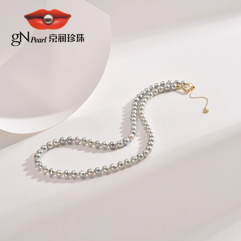 【官方】京润珍珠 知语金G18K海水珍珠项链5.5-6mm有核灰色异形