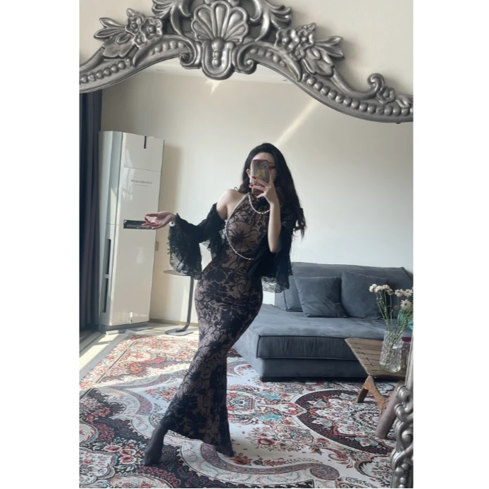 美人鱼【依莲】复古港工挂脖玫瑰结镂空印花无袖露背修身旗袍G114