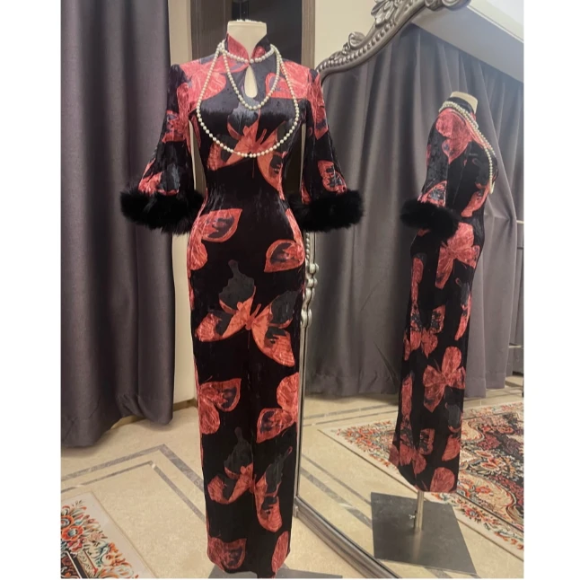 美人鱼【幻蝶】新中式蝴蝶烧花绒自制款修身温婉复古包臀旗袍G70