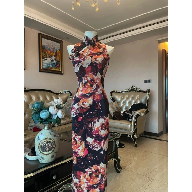 美人鱼【花好月圆】新中式手工玫瑰花油画珍珠压襟复古气质连衣裙