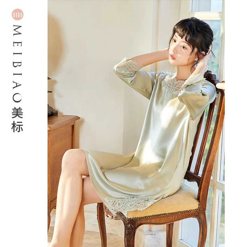美标v领蕾丝浪漫性感睡裙100%桑蚕丝宫廷风春夏女外穿睡裙 100093