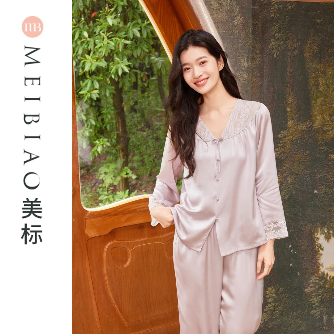 美标长袖重磅真丝睡衣套装女士夏季100%桑蚕丝家居服100192