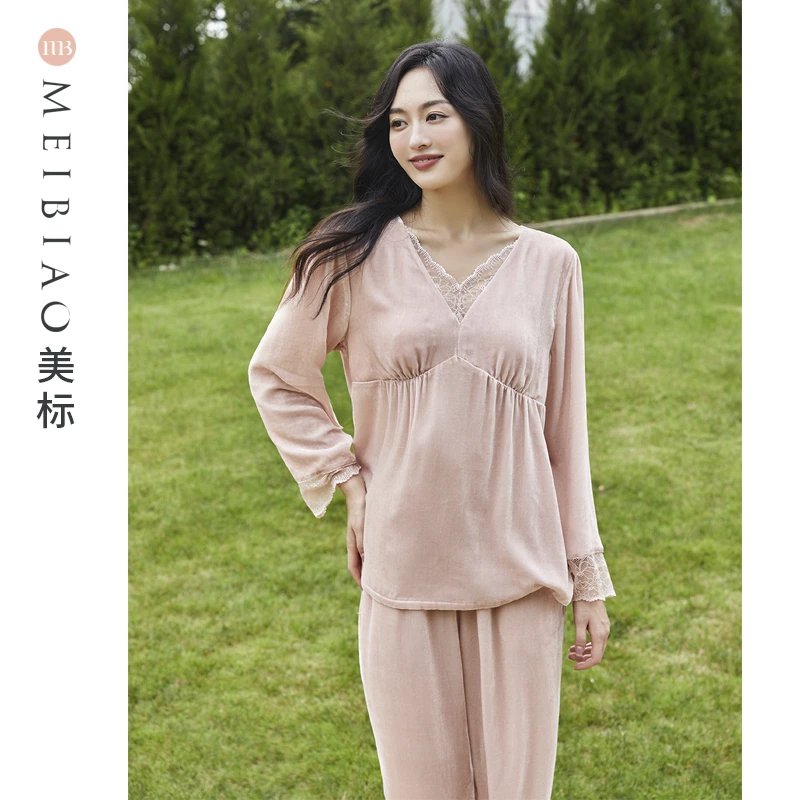 美标真丝丝绒带胸垫100桑蚕丝女春秋季长袖舒适套装家居服100149