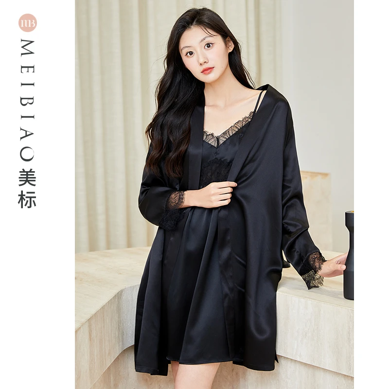美标100%桑蚕丝春秋女士长袖睡袍晨袍黑色睡衣性感家居服100071