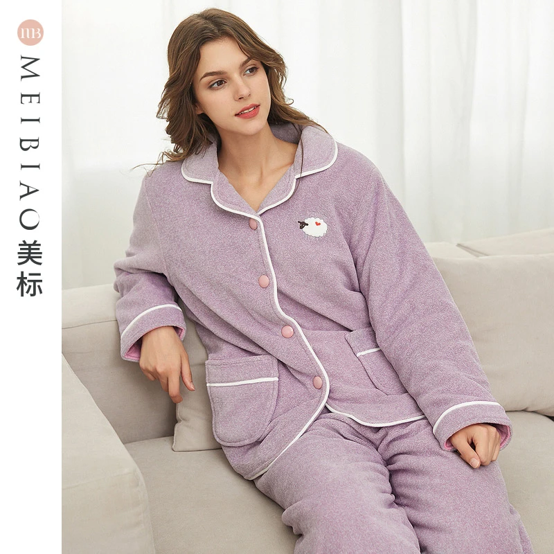 美标加厚冬季珊瑚绒夹棉女士长袖长裤家居服套装秋冬季保暖 98503