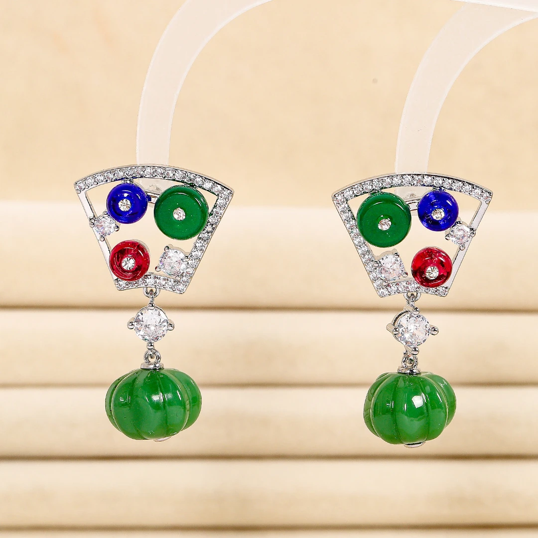 铜合金锆石耳饰 新款时尚扇形算盘珠水滴耳钉气质高级感潮耳环女