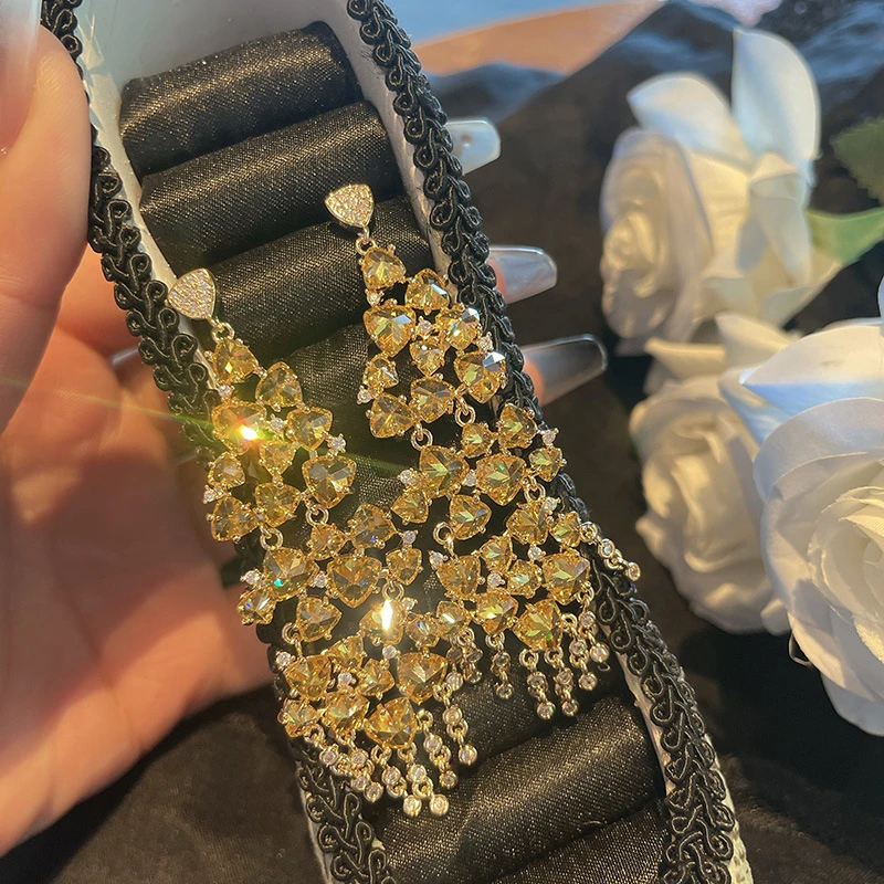 S925银针轻奢彩色三角锆石流苏耳环闪亮微镶高端婚礼饰品耳饰