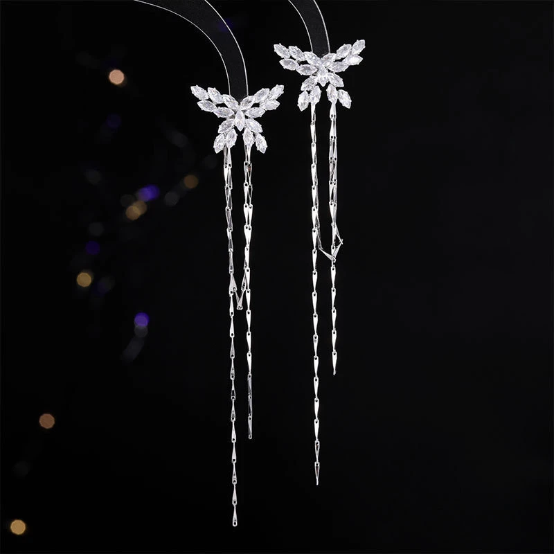 铜合金锆石耳饰 长款超仙高级感一款两戴蝴蝶锆石流苏耳钉