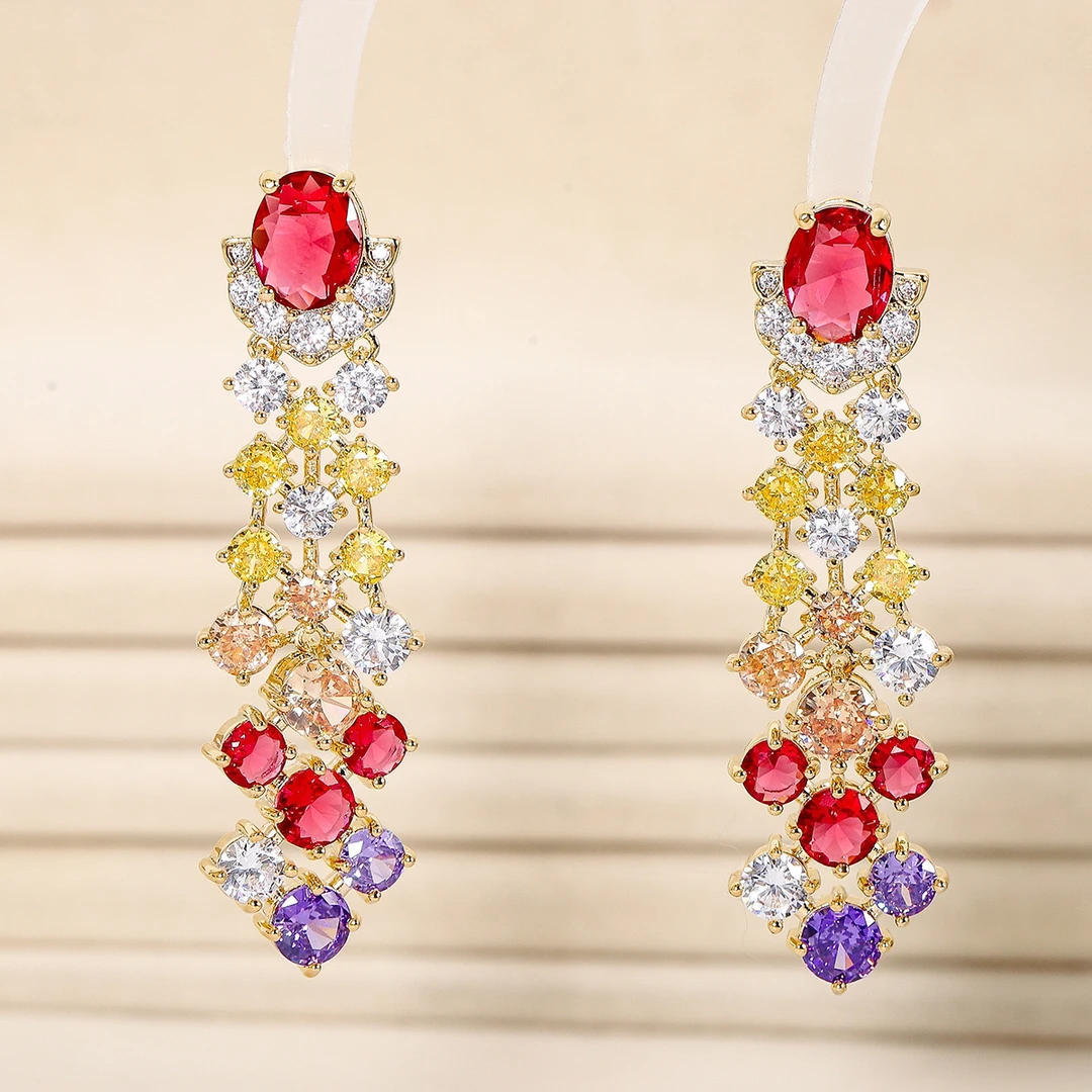 铜合金锆石耳饰 新款奢华百搭耳环夸张缤纷长款气质个性大气耳坠