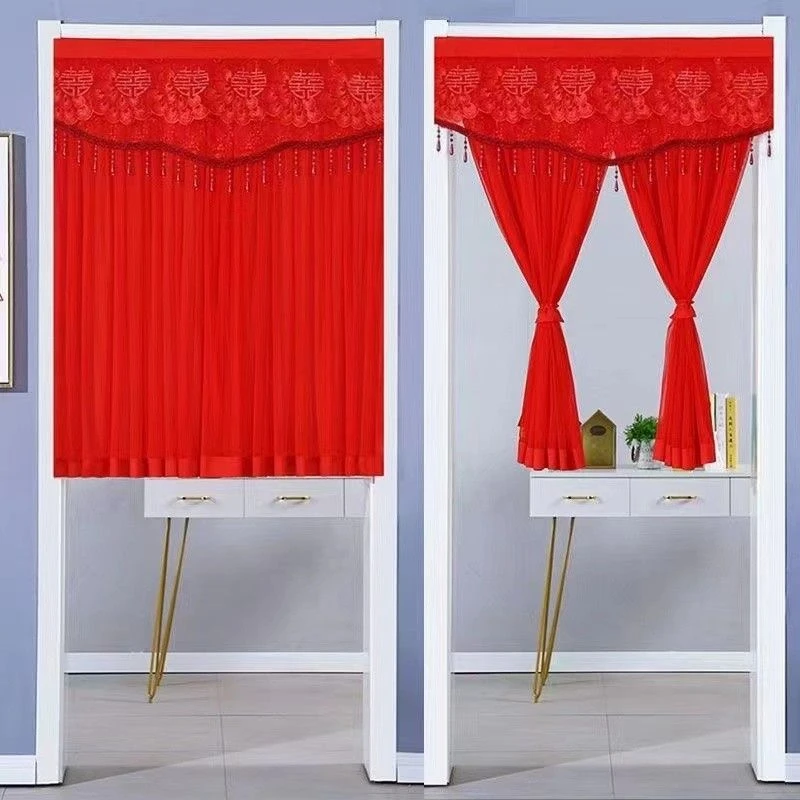 结婚门帘红色喜字半截门帘不透明卧室防隐私半帘家用魔术贴免打孔