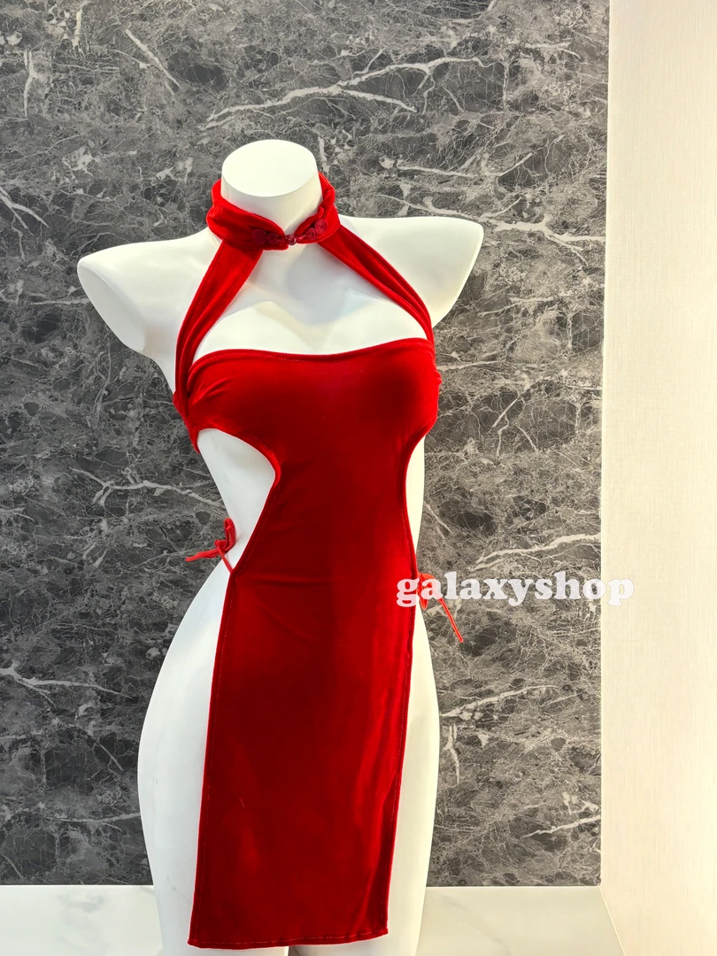 galaxyshop·红色丝绒旗袍侧边绑带开叉睡裙配底裤