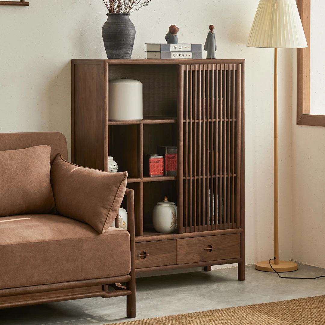 新中式实木收纳柜置物柜客厅玄关柜黑胡桃木茶室餐边柜家用储物柜