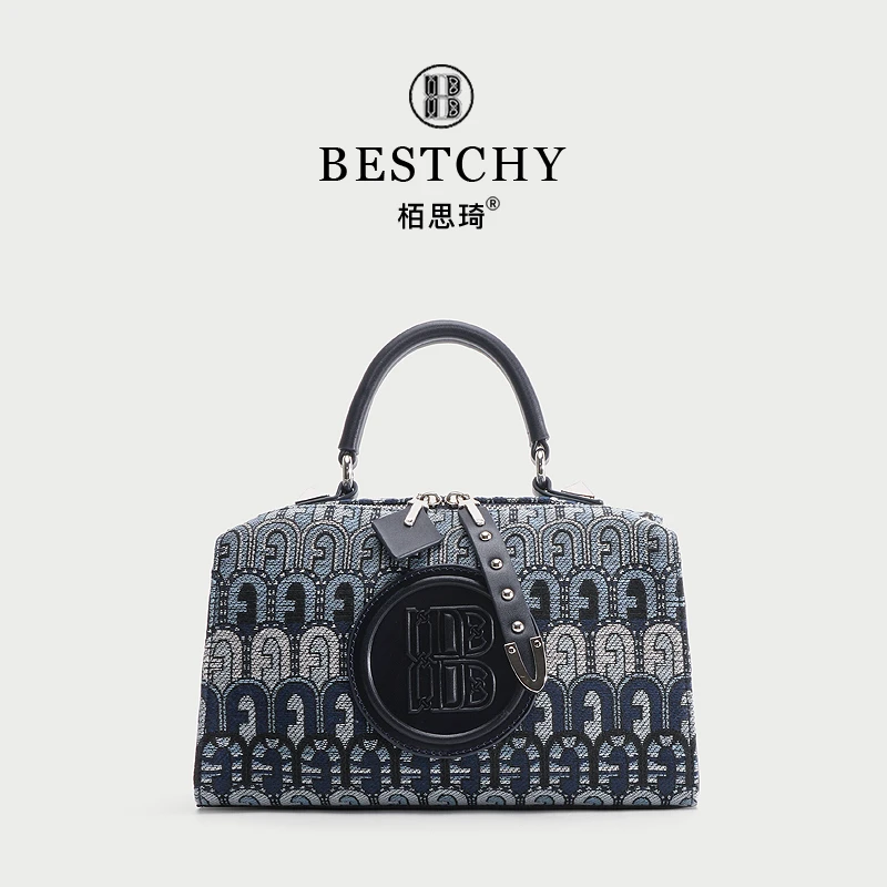 【Bestchy/栢思琦】蓝色女士花纹波士顿单肩高雅提花枕头包3611