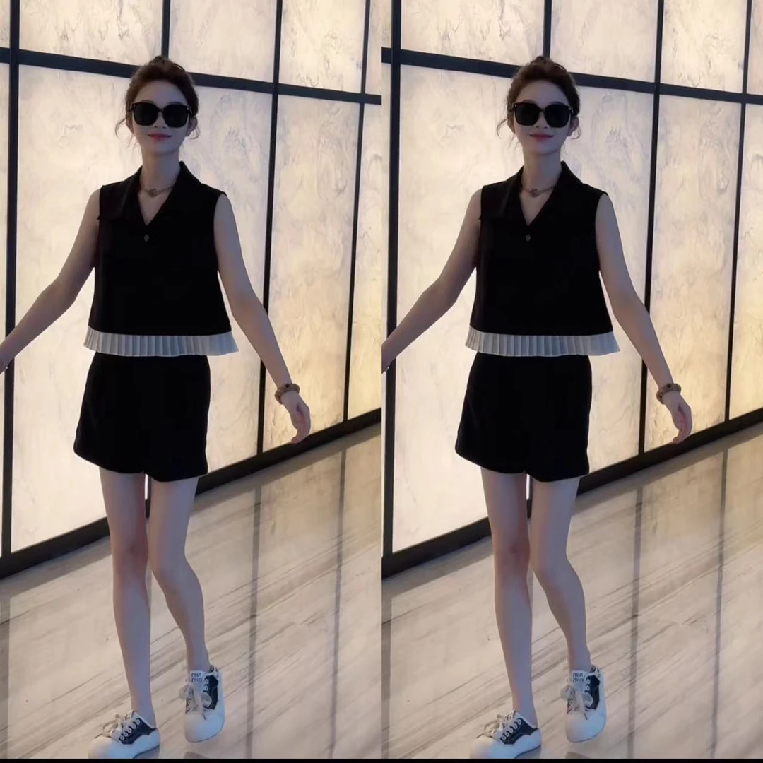 NANUILAB翻领法式设计感木耳边拼接无袖上衣短裤气质两件套