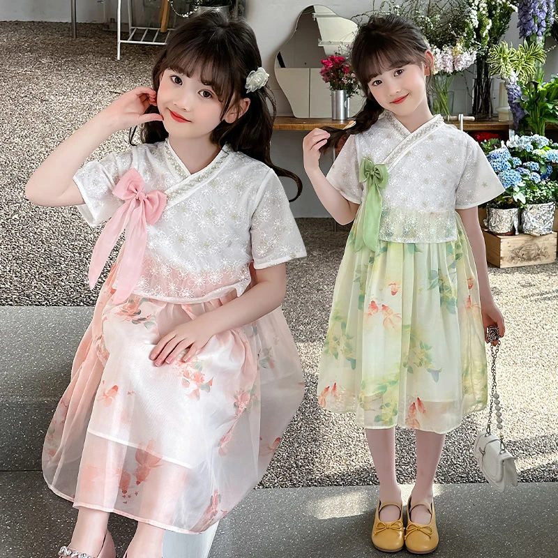 600334童装女童汉服连衣裙2024夏季女宝古风裙小女孩刺绣唐装衣服