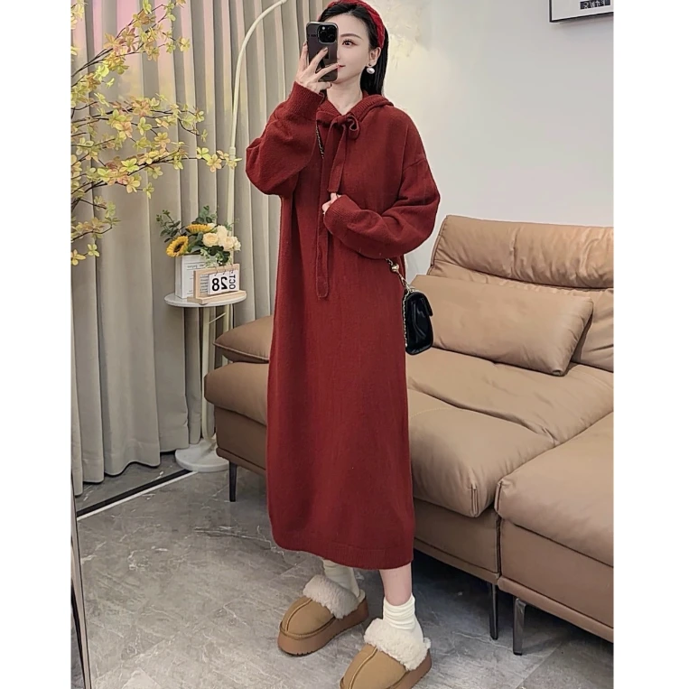 【加厚！现货有险】宽松版秋冬新款网红连帽毛衣裙长款慵懒纯色针织