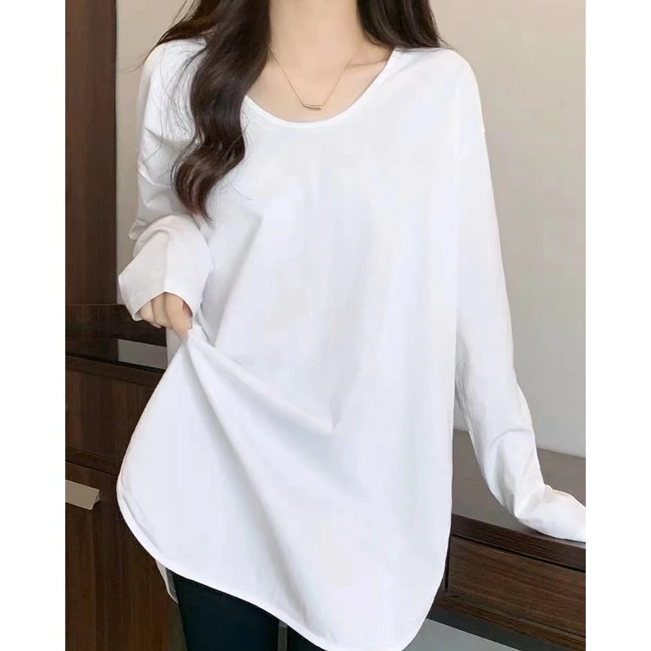 【YIN WEI】2024新款百搭纯白色日常搭配素板长袖T恤