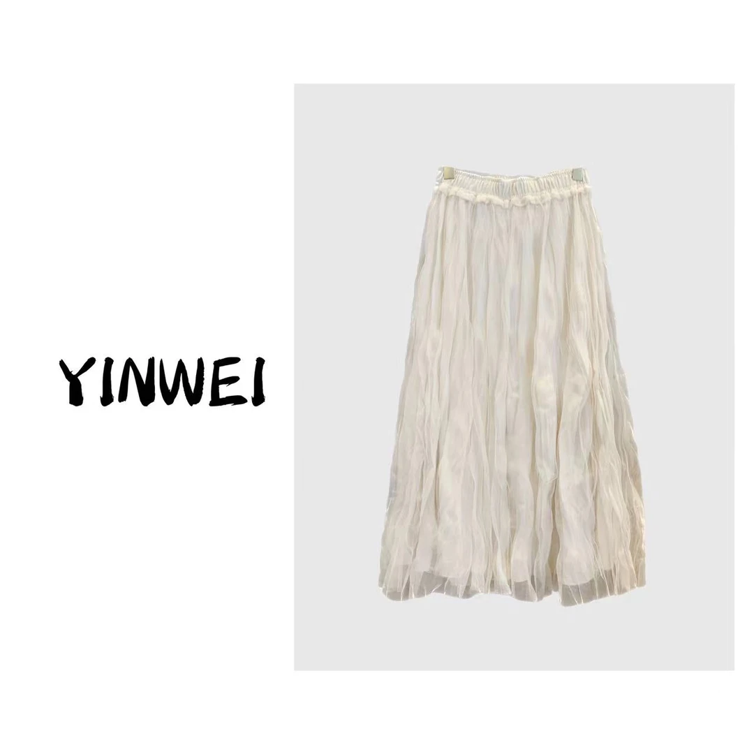 【YIN WEI】双面穿半身裙百褶半裙中长款白色百搭气质春季高腰长裙
