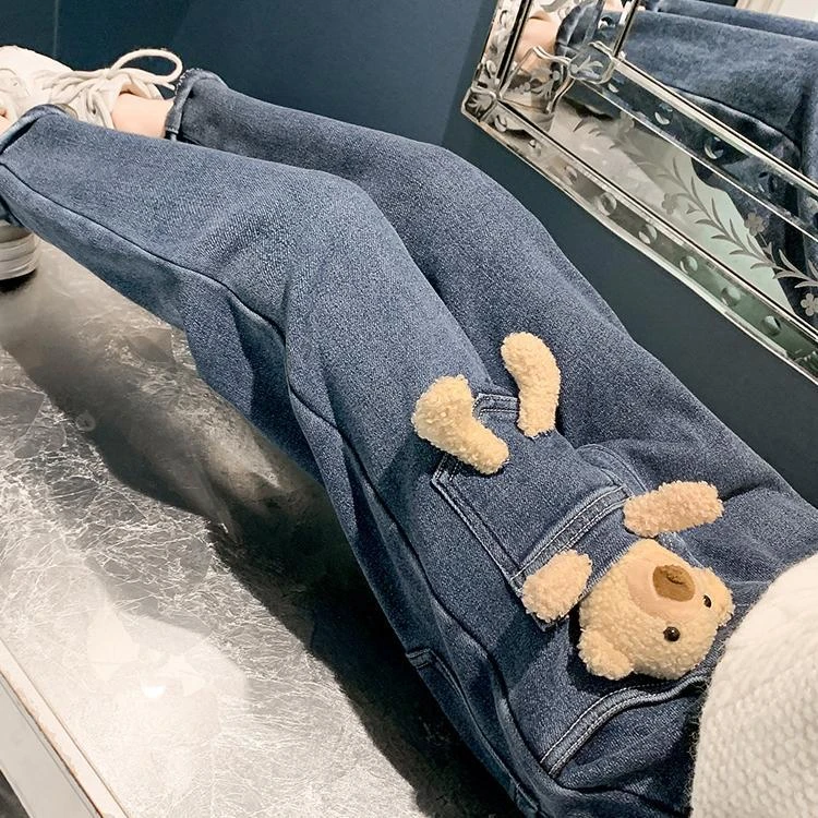 女童冬装牛仔裤2023新款洋气儿童中大童加厚百搭网红加绒卡通长裤