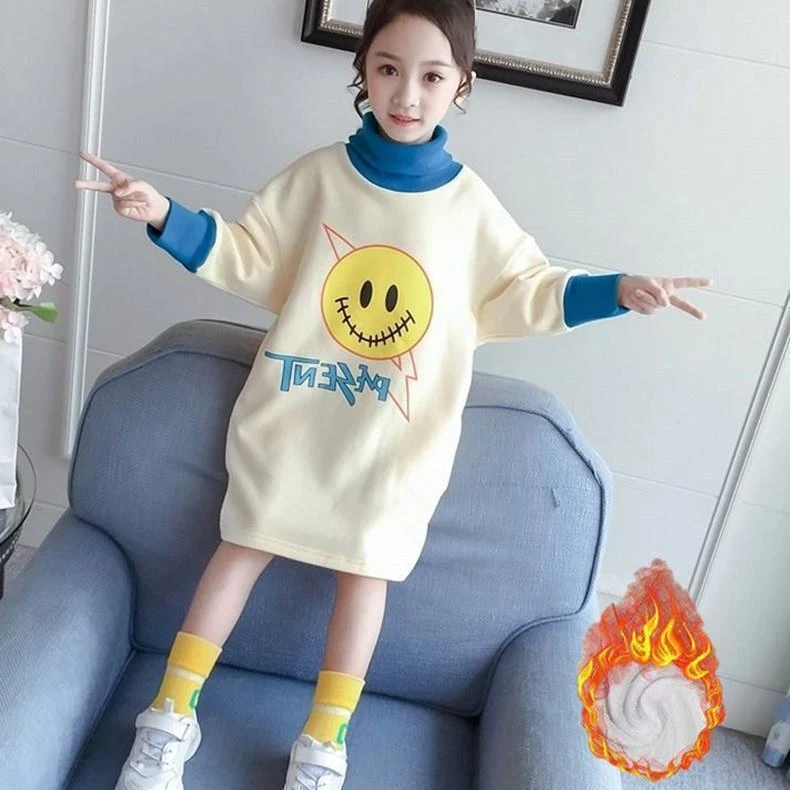 女童长款加绒卫衣过臀秋冬新款儿童加厚洋气网红过膝上衣小孩衣服