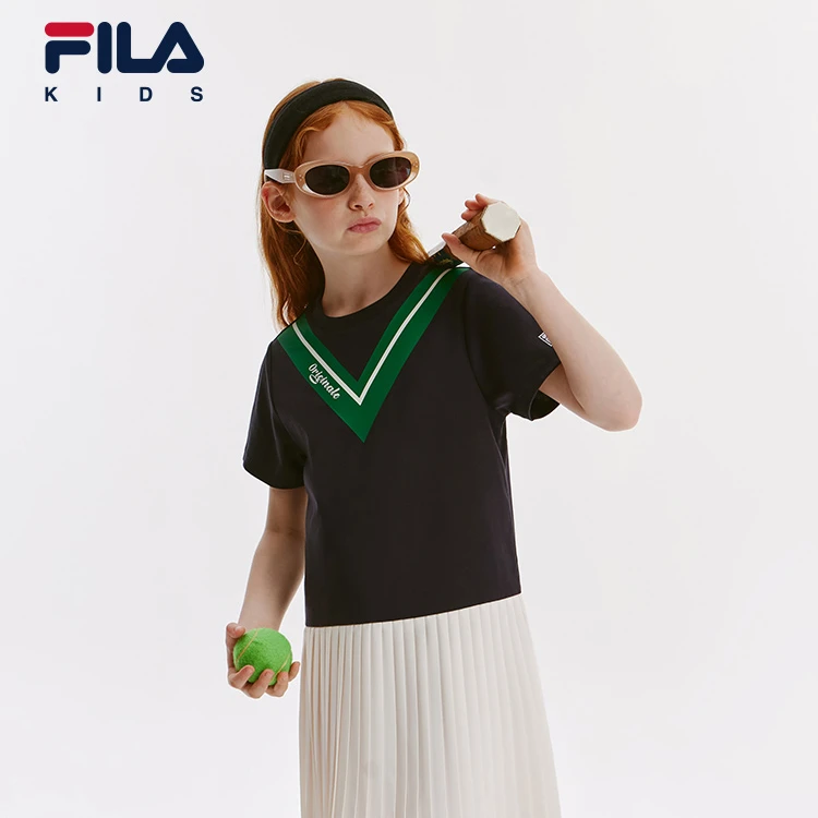 FILA斐乐童装女童运动裙子女中大童针织短袖连衣裙K12G431310F