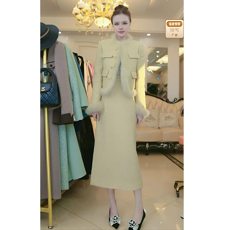 2024冬季轻奢名媛气质加厚小香风毛边外套洋气毛呢半身裙套装3273