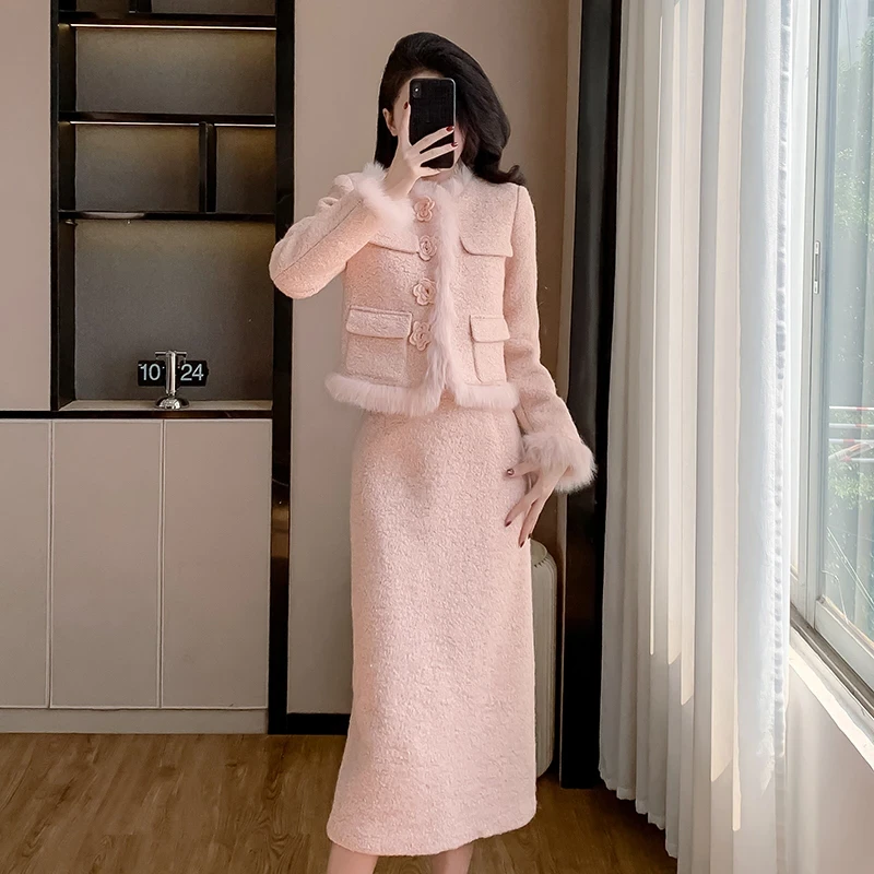 2024冬季轻奢名媛气质加厚小香风毛边外套洋气毛呢半身裙套装3273