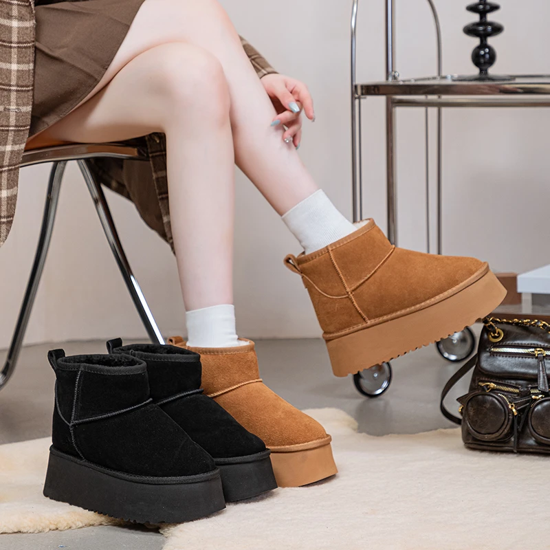 11cm真皮内增高雪地靴女2024冬季新款加绒加厚小个子短靴保暖棉鞋