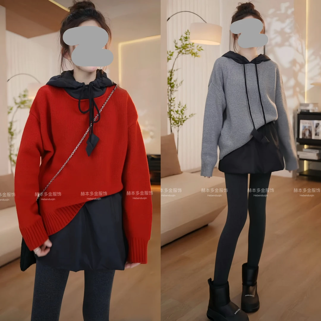 秋冬气质减龄宽松显瘦连帽针织打底上衣套头毛衣百搭夹棉短裙套装