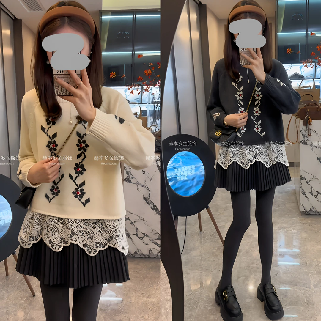 2024秋冬韩版小香风钩花针织打底上衣勾花毛衣蕾丝打底高腰百褶裙