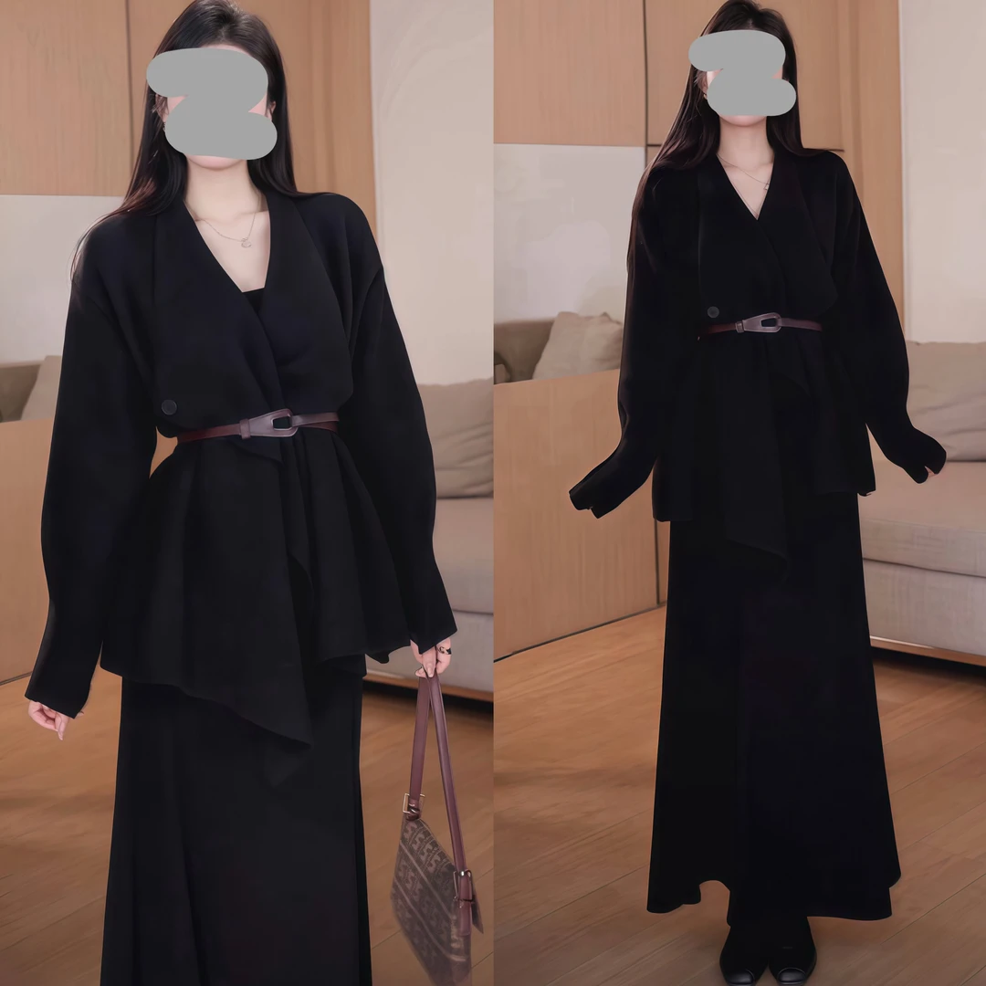 2024秋冬轻奢减龄赫本风法式气质翻领收腰外套黑色百搭高腰半身裙