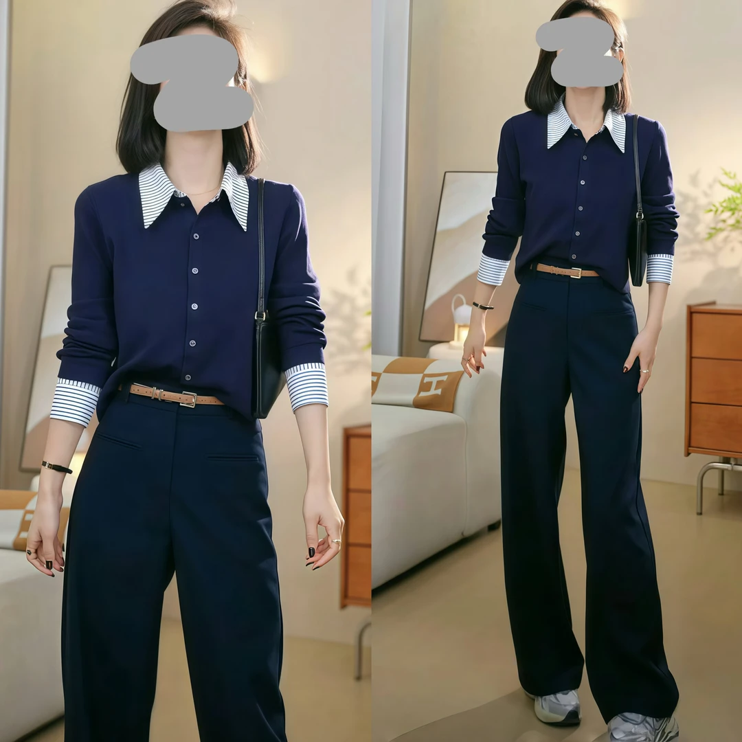 2025秋冬精致轻奢气质翻领拼色针织衫百搭显瘦毛衣高腰直筒休闲裤