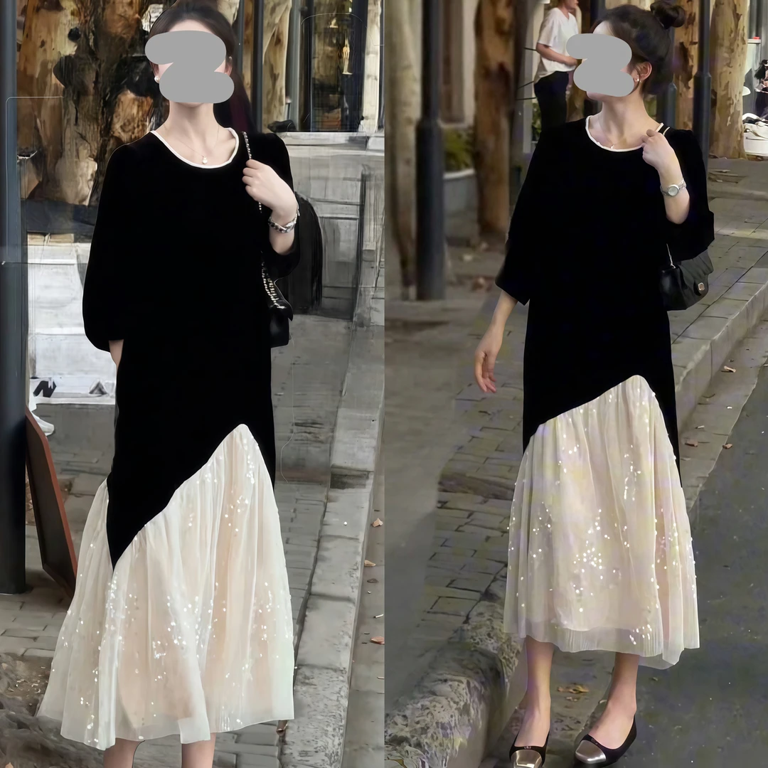 2025秋冬设计师拼接亮片气质显瘦连衣裙时尚韩版宽松中长款连衣裙