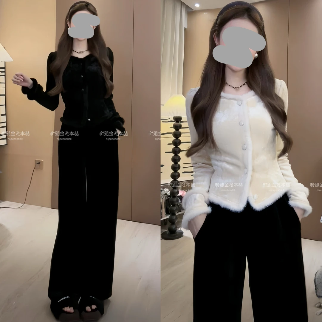 冬季气质小香风修身显瘦加绒短款开衫毛毛外套百搭丝绒休闲裤套装