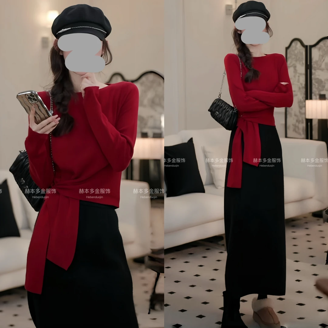 秋冬简约设计感显瘦下摆系带针织上衣毛衣打底百搭开叉毛绒半身裙