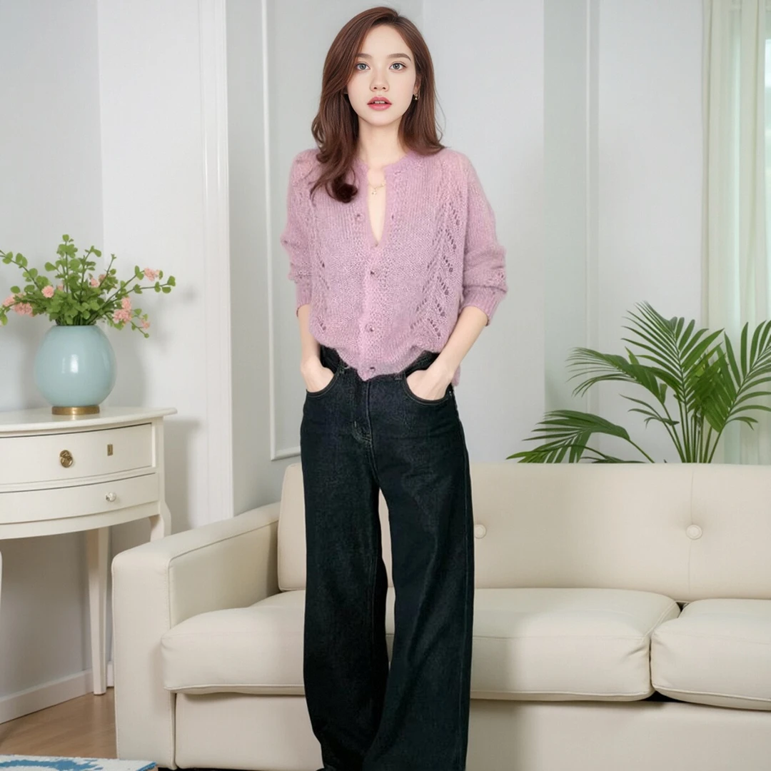 2025秋冬轻奢减龄镂空长袖针织开衫圆领上衣百搭高腰阔腿牛仔裤潮