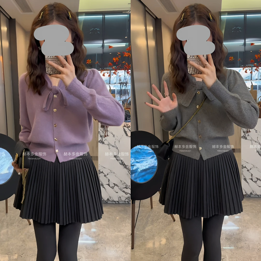 秋冬小香风蝴蝶结针织开衫外套显瘦短款毛衣打底高腰百褶半身短裙