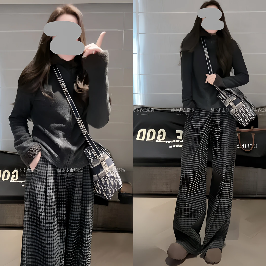 秋冬时尚韩版长袖保暖连帽拼接毛毛外套百搭加厚显瘦直筒休闲裤女