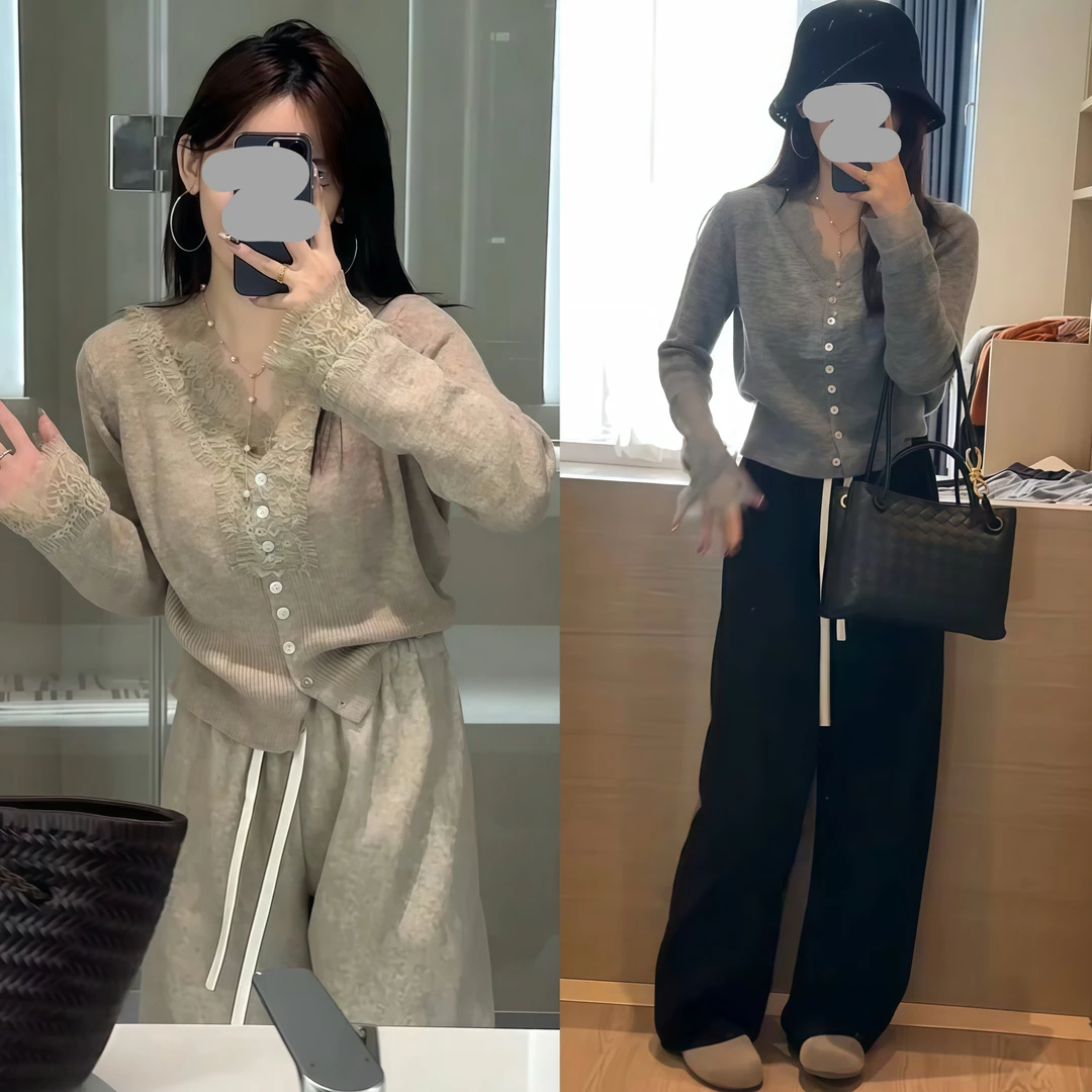 2024秋轻奢减龄修身显瘦蕾丝花边针织开衫外套休闲百搭休闲直筒裤