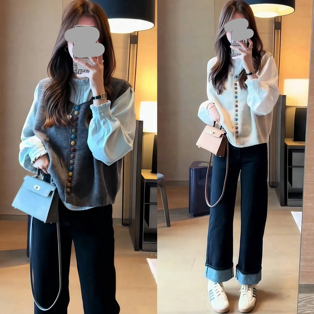 2024秋冬洋气小香风长袖通勤衬衫上衣针织开衫马甲背心直筒牛仔裤