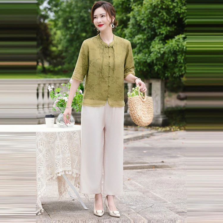 时尚新中式妈妈夏装套装2024新款中老年女春夏衬衫洋气两件套国风