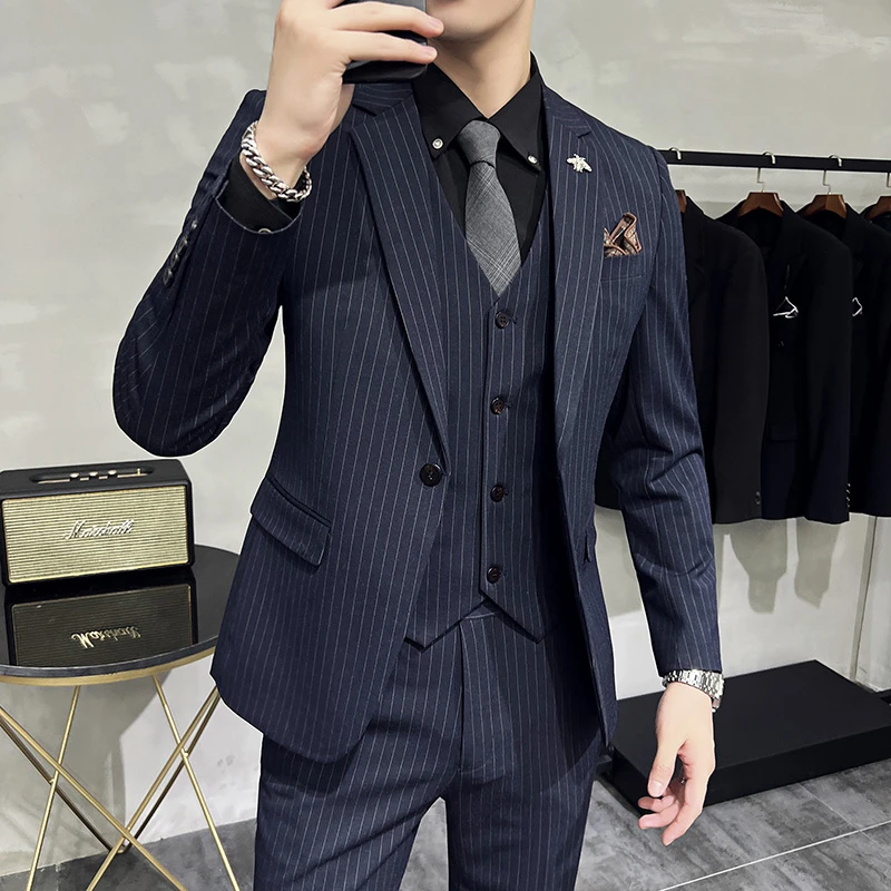 西服套装男新郎结婚礼服修身韩版条纹休闲帅气英伦风潮流西装正装
