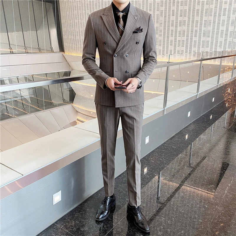 男士修身套装条纹高级感痞帅潮流戗驳领双排扣西服男正装结婚新郎