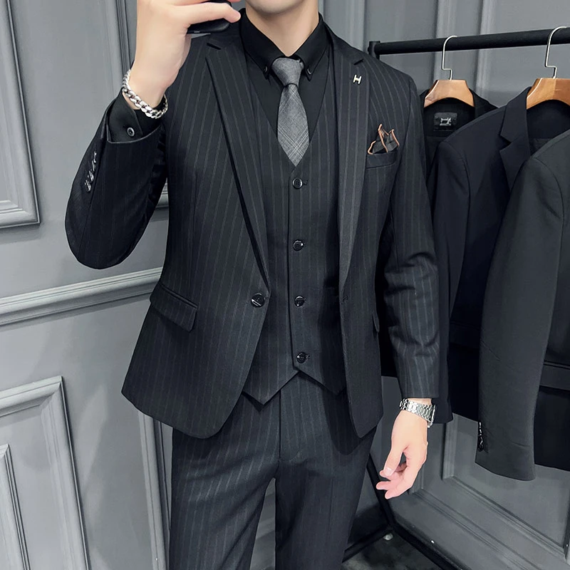 高端条纹西装套装男结婚新郎婚礼休闲商务男士西服修身高级感雅痞