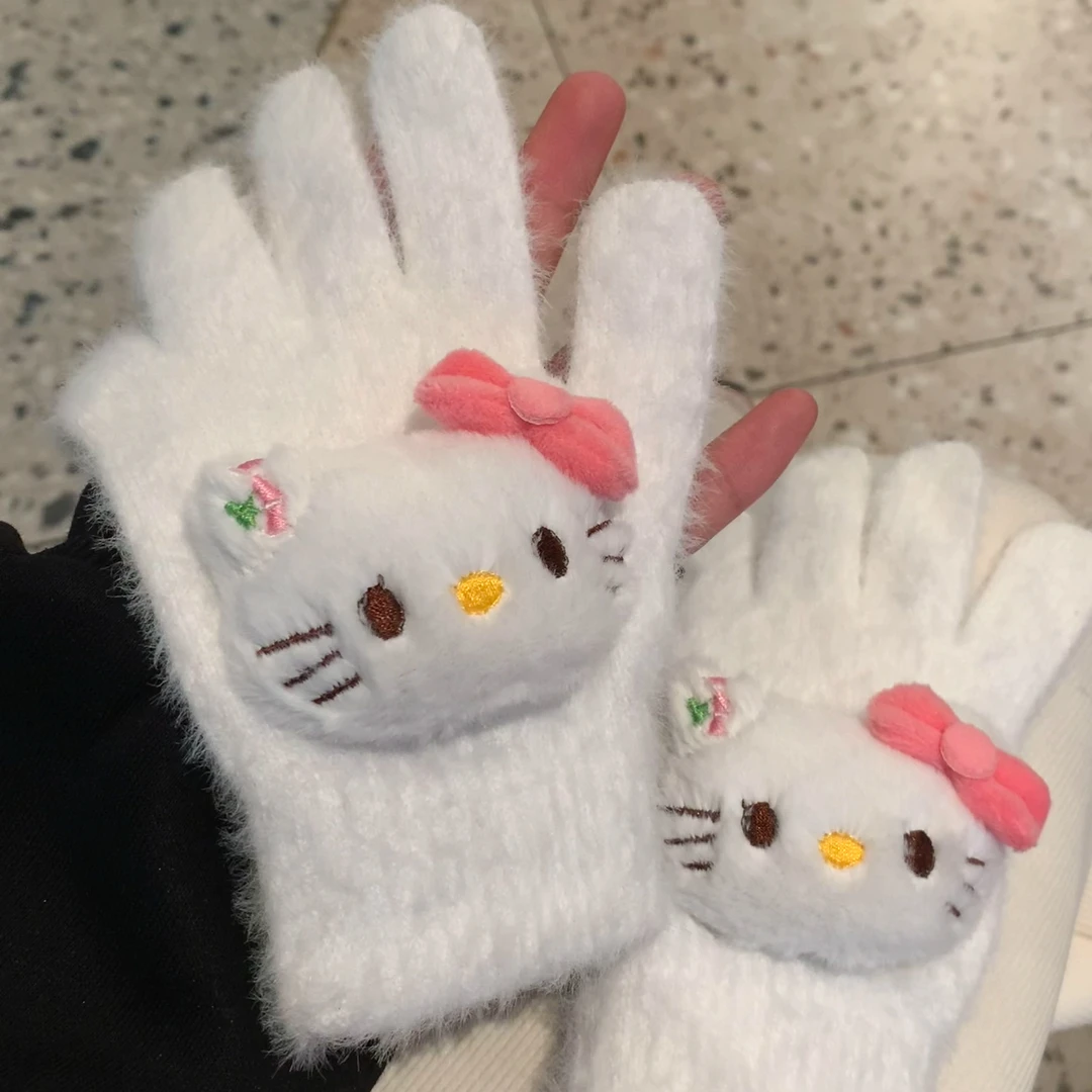 可爱KT猫防寒手套女生冬季骑车分指手套毛绒保暖卡通百搭少女手套
