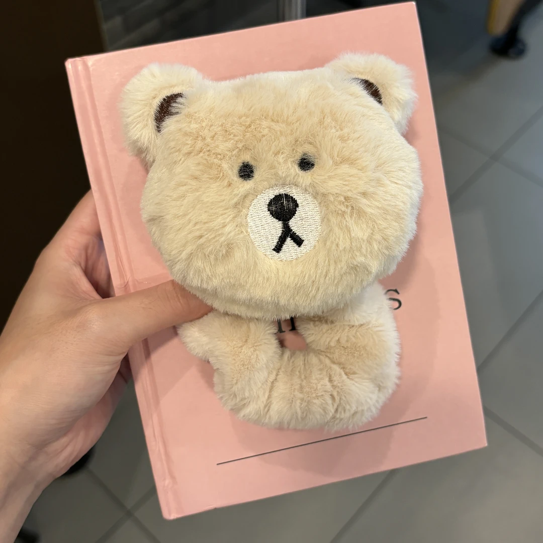 可爱卡通小熊毛绒发圈秋冬新款大号熊头大肠发圈丸子头马尾头绳