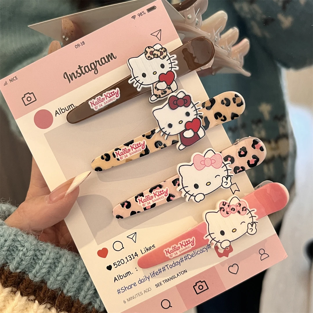 豹纹三丽鸥KT猫鸭嘴夹甜美少女心侧边刘海夹可爱网红ins风发卡